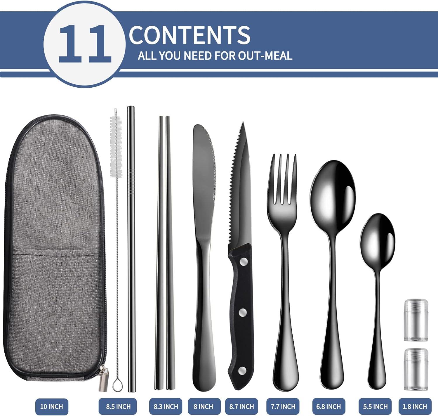 11 Pcs Portable Utensils Travel Camping Cutlery Set with Spoon Fork Knife  Case