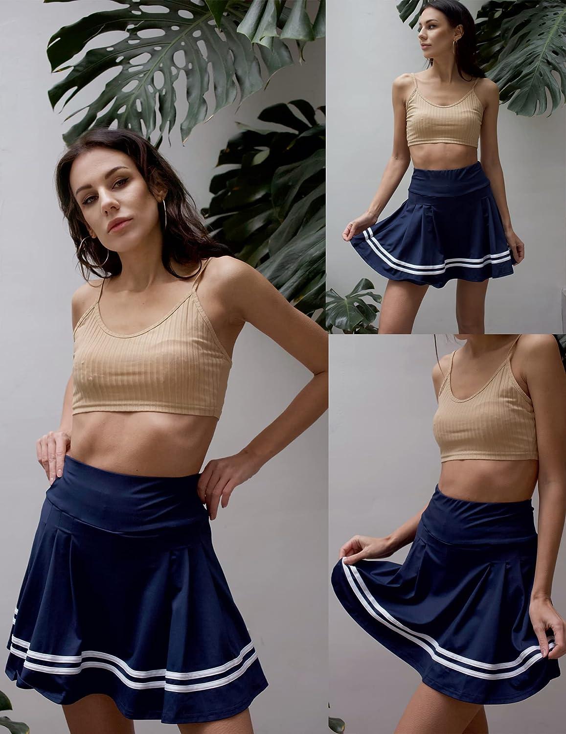  Pleated Tennis Skirt Womens Athletic Golf Skort Activewear  Built-in Shorts Sport Outfits Workout Running Mini Skirts Navy Blue