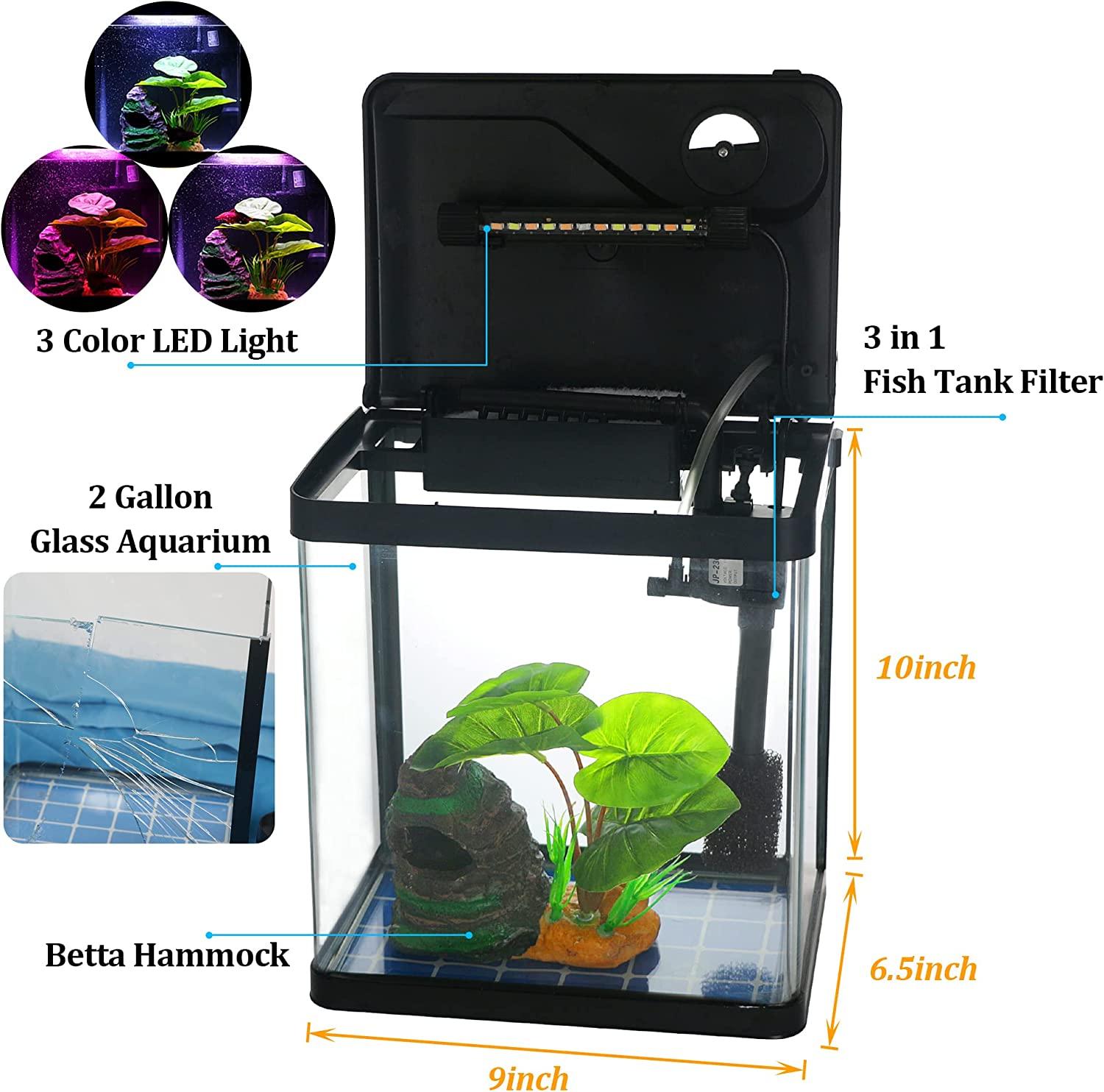 Betta Fish Tank Self Cleaning Glass 2 Gallon Small Aquarium Starter Kits  Desktop Room Decor w/ LED Light Decorations & Whisper Filters Water Pump