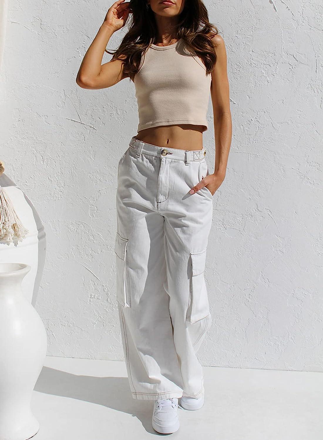 EVALESS Cargo Pants Women Casual Loose High Waisted Straight Leg Baggy  Pants Trousers with Pockets 6 A White