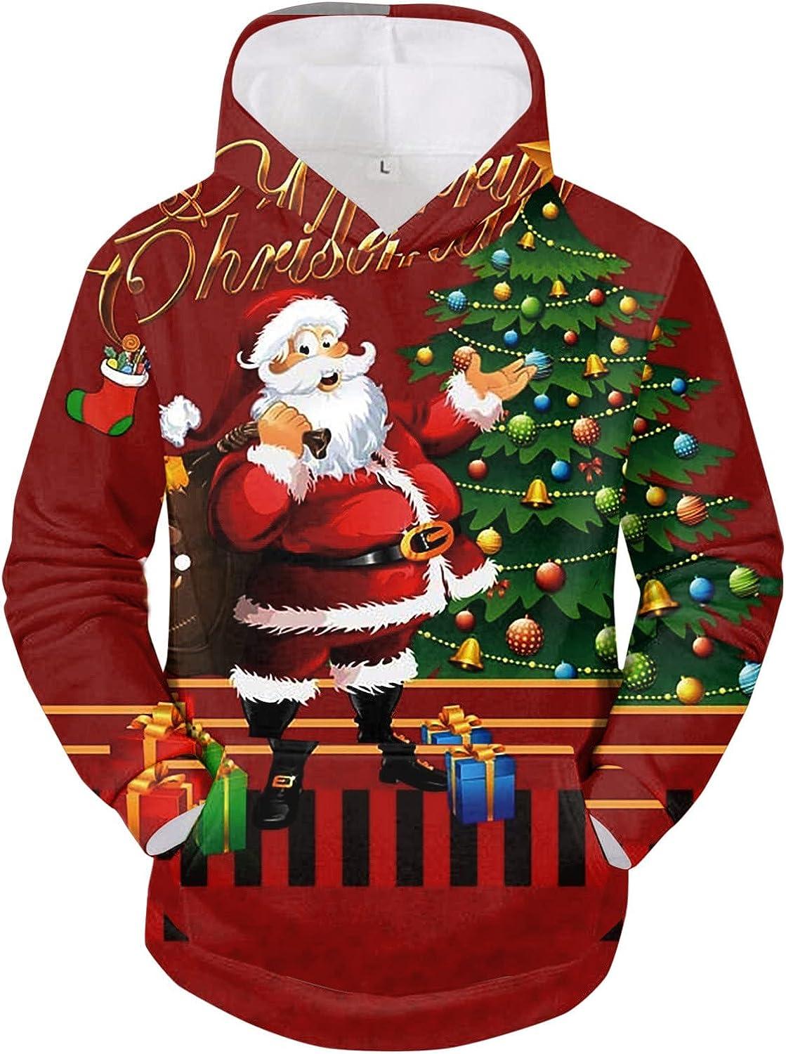 Unisex Christmas Ugly 3D Print Hoodies Mens Funny Santa Claus Long Sleeve  Hooded Sweatshirt with Kanga Pocket Medium O-red