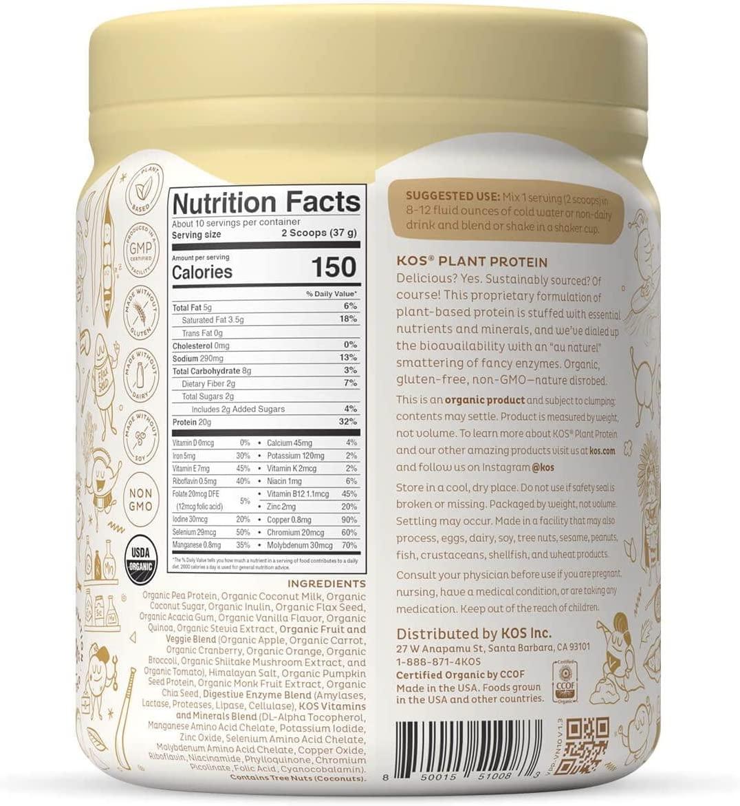 Kos Organic Plant Based Protein Powder Vanilla Delicious Vegan Protein Powder Gluten Free 2754