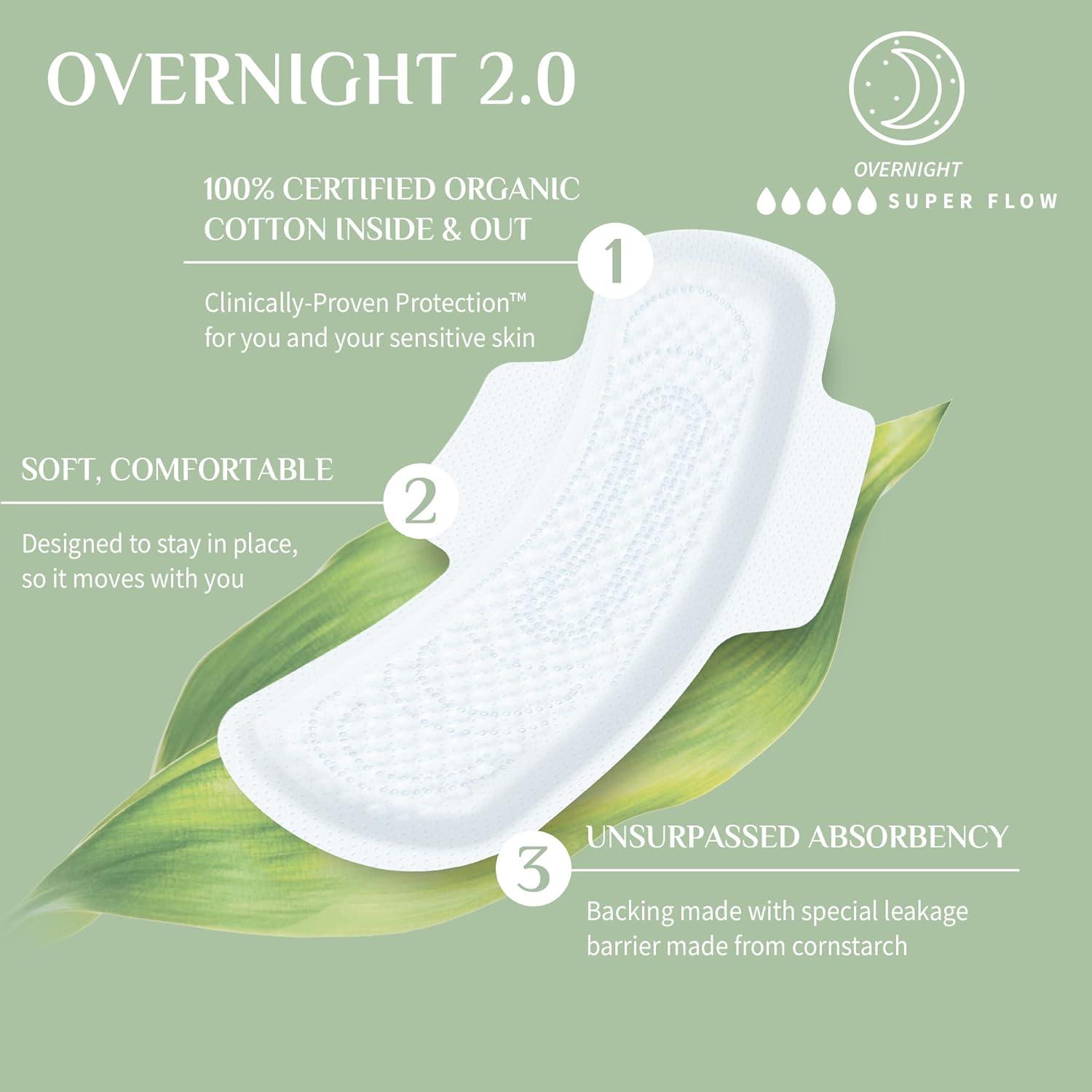 Organyc New and Improved 100% Certified Organic Cotton Overnight Feminine  Pads Heaviest Flow Super Absorbency 2.0 7 Count