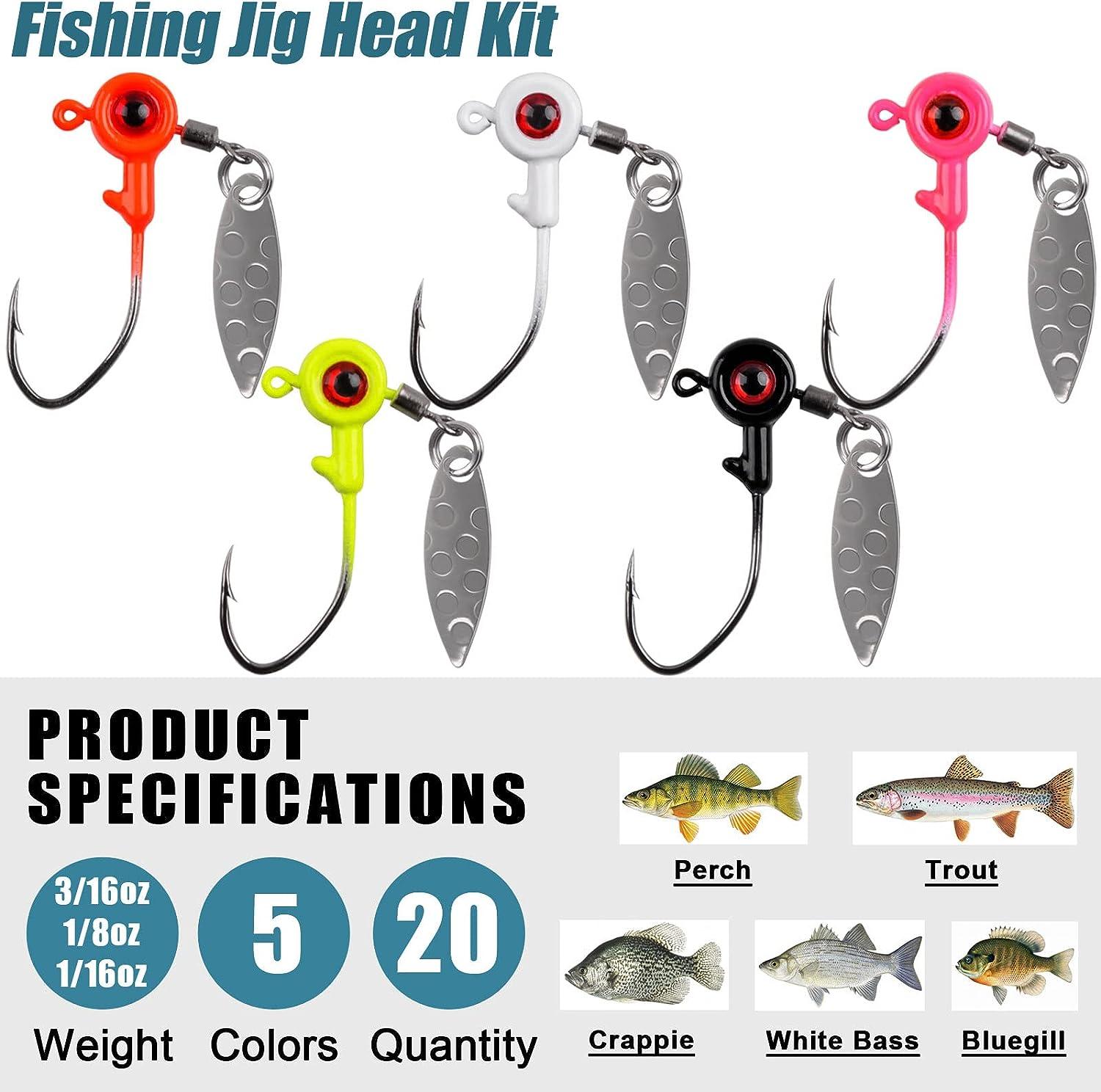 Fishing Jig Heads Kit 20pcs Flat Round Ball Head 3D Eyes Crappie Jig Head  with Spinner
