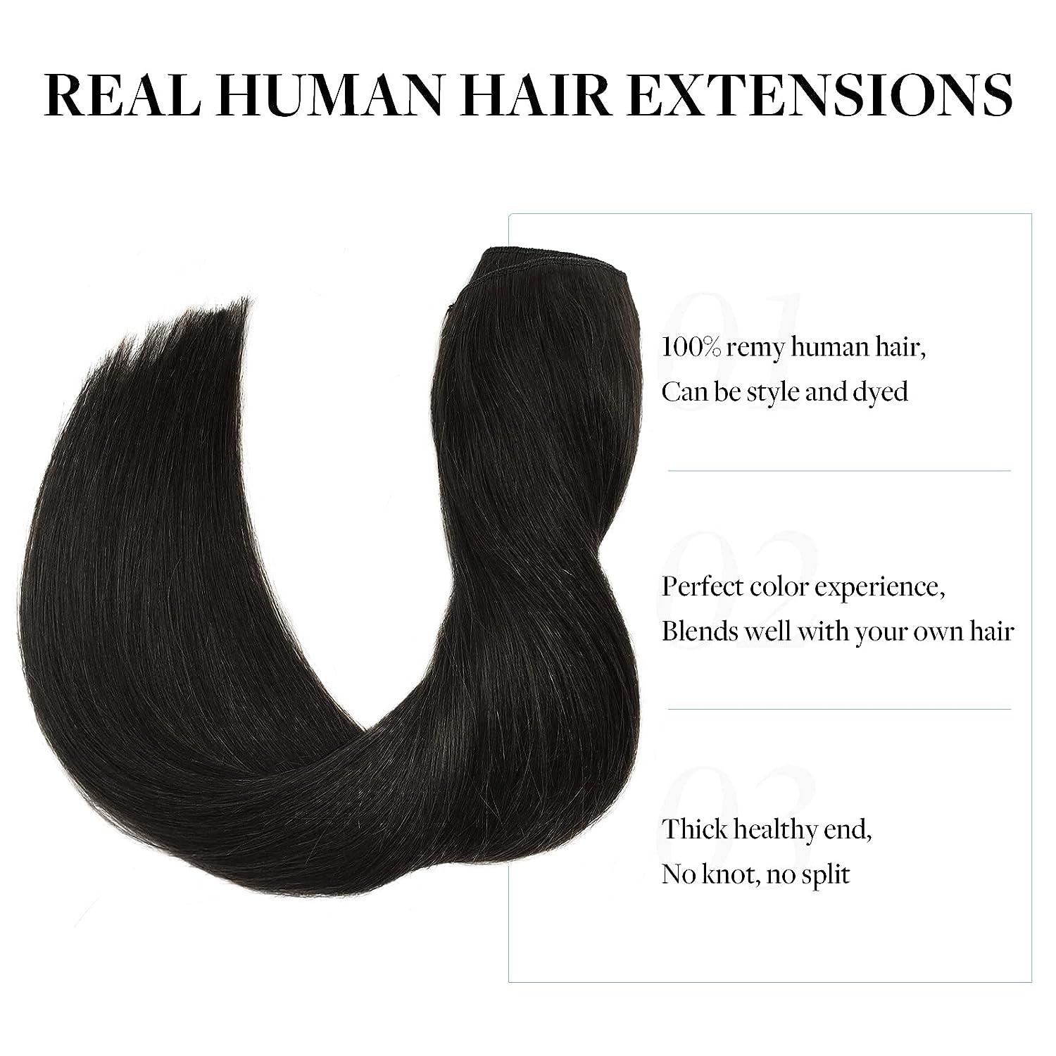 Invisible Wire Hair Extensions Human Hair Balayage Hairpiece Fish Line  Fusion Real Natural Hair Extensions with Transparent Line Color: Natural  black 1B, Length: 12inch(30cm)75g