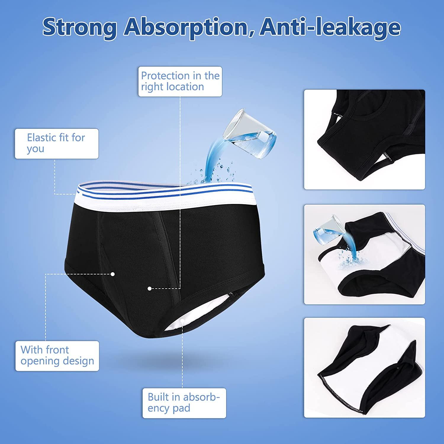 Incontinence Underwear for Men Washable Urinary Incontinence Boxer with  Front Fly Regular Absorbency Mens Leak Proof Underwear 2 Pack(Large, Blue