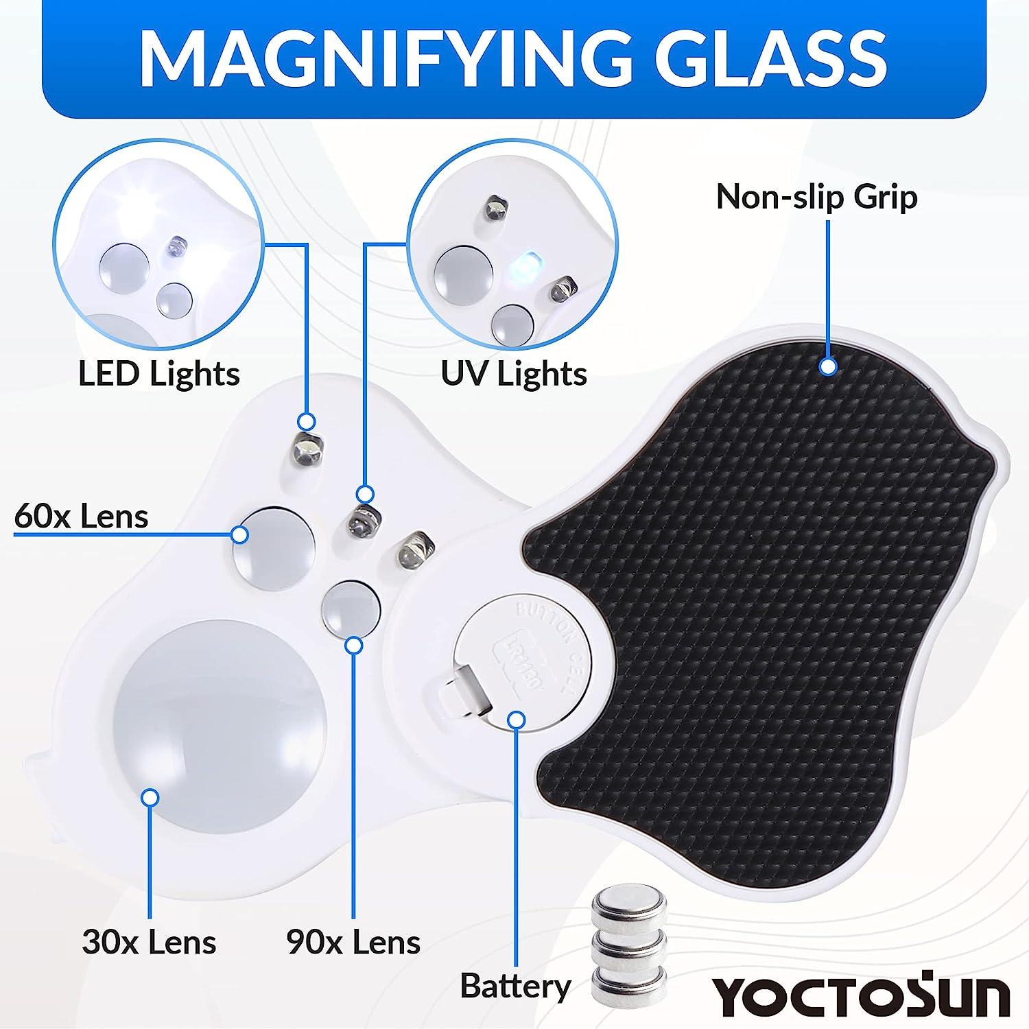 YOCTOSUN 30X 60X 90X Illuminated Jewelry Loupe Magnifier, Foldable Jewelers  Magnifying Glass with UV Light and White LED Lights for Jewelry, Gems,  Coins, Stamps, etc