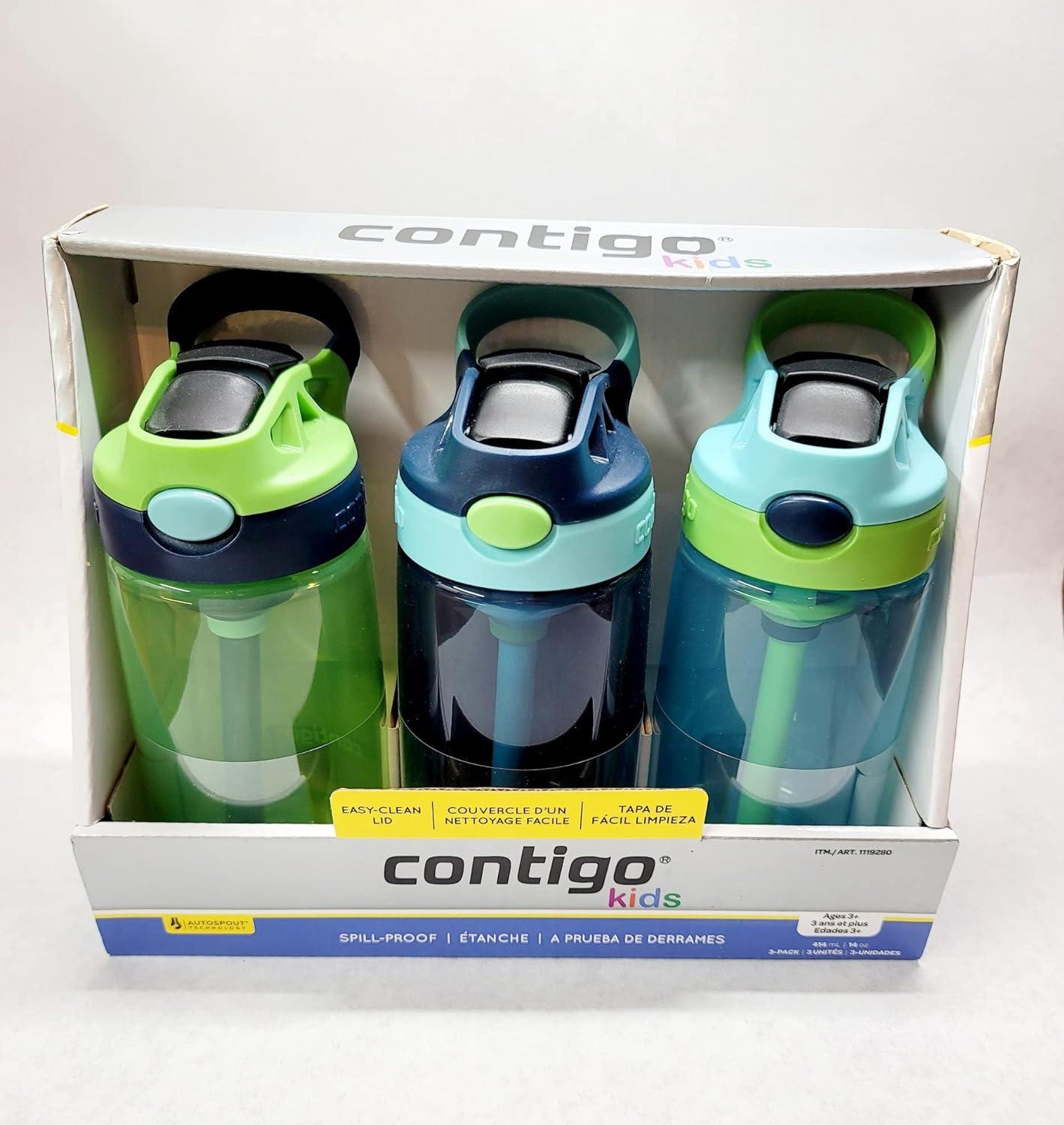 Contigo Kids Water Bottle 14 oz with Autospout Technology Spill Proof  Easy-Clean Lid Design Ages 3 Plus Top Rack Dishwasher Safe 3-Pack  Purple/Blue/Pink