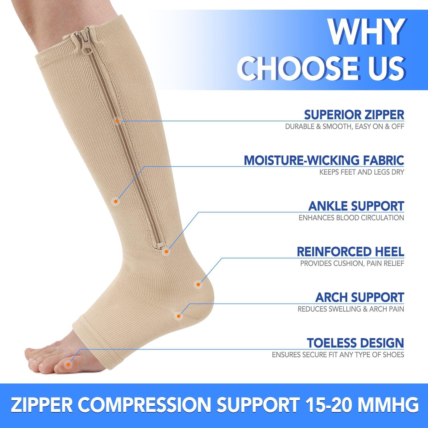 Zip Up Compression Socks with Zipper Supports Leg Knee Stockings Open Toe  US