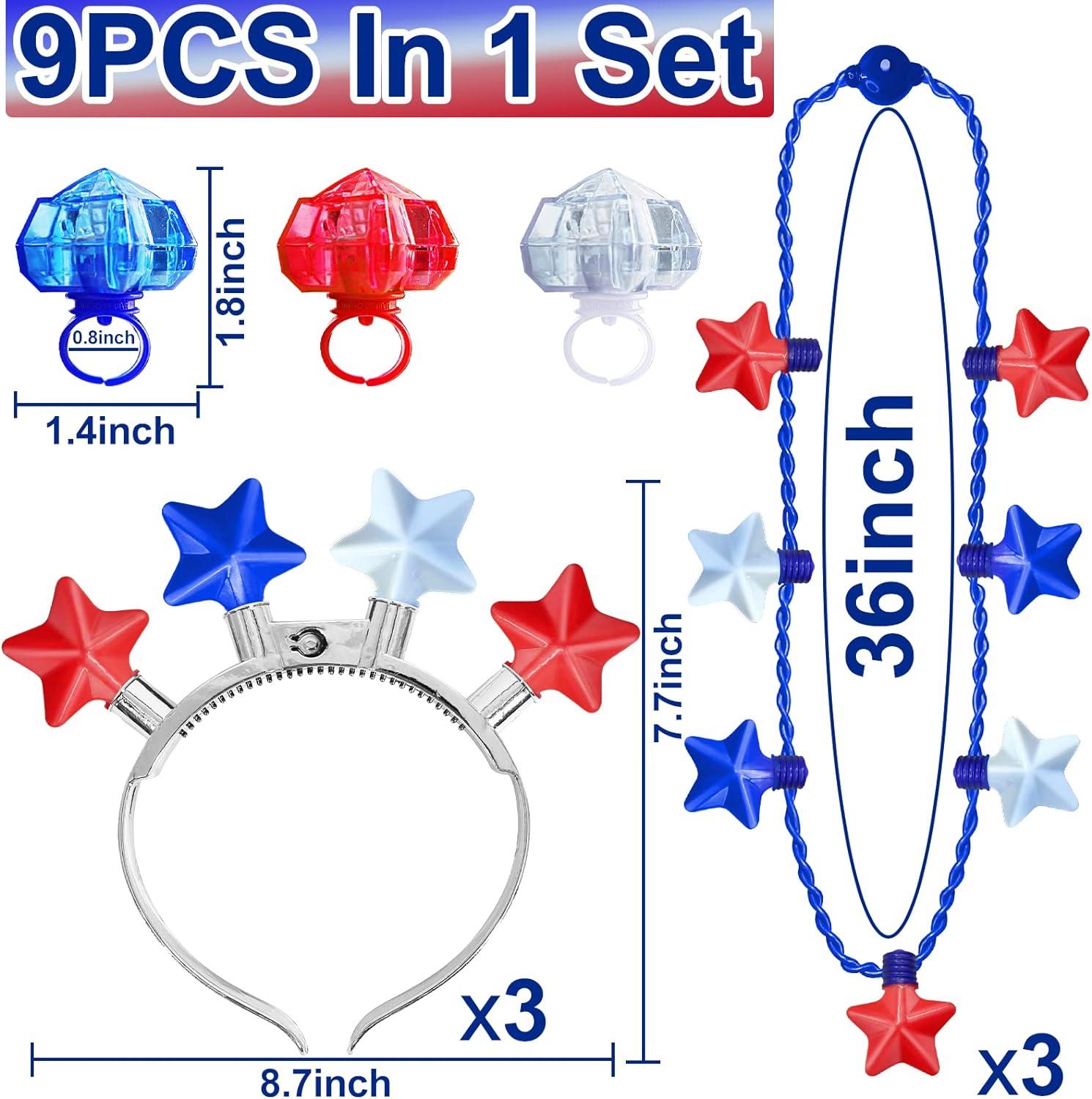 9 Pack 4th of July Accessories LED Light Up Necklace Headband Ring Set,Red White Blue Stars Fourth of July Patriotic Independence Day Decorations
