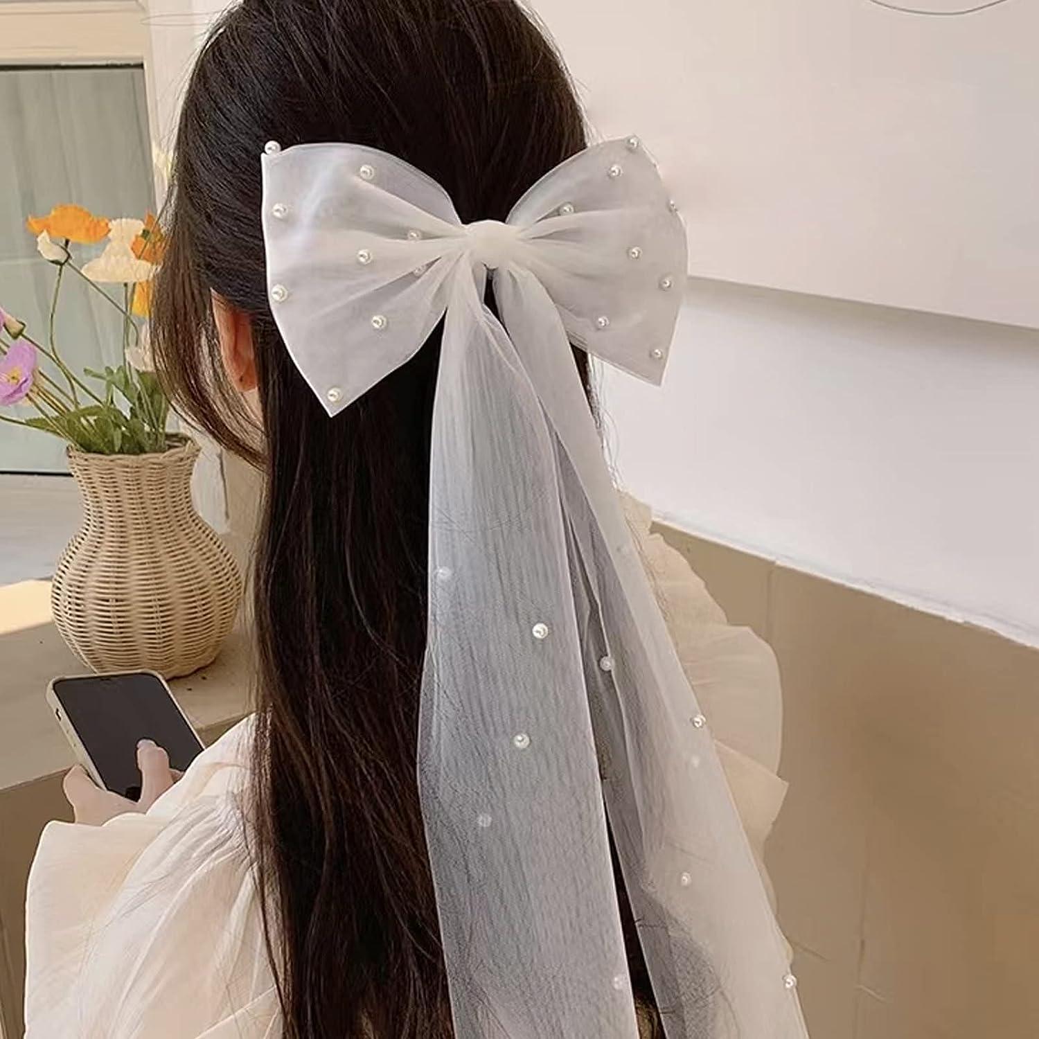 Jeairts Bridal Hair Bow Veil Pearl Wedding Hair Piece White Tulle Bow with  Clip Bachelorette Party Hair Accessories for Women and Girls
