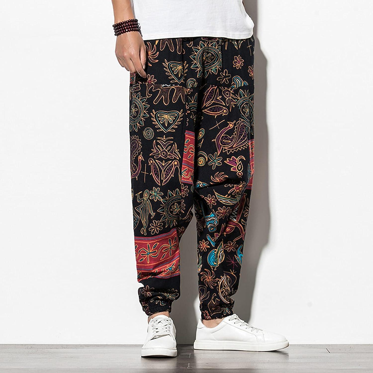 Men's Cotton Linen Harem Yoga Pants Casual Baggy Hippie Boho Print  Sweatpants Lightweight Drop Crotch Trousers Black 3X-Large