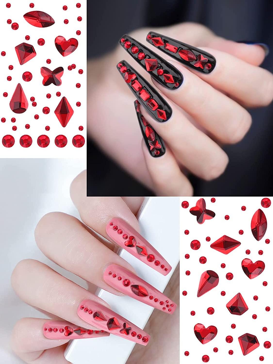Red Nail Rhinestones Hearts Butterfly Round Shaped Nail Art Crystals  Diamonds Flat Back Rhinestones 3d Diamond Stone Nail Gems With Tweezers For  Valen