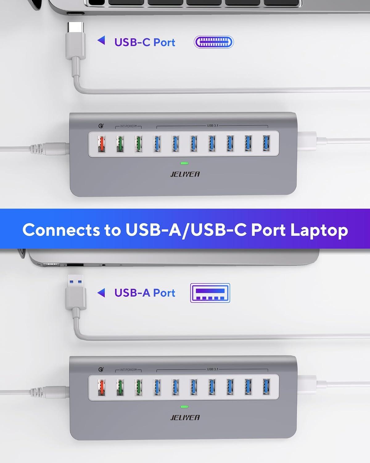 Powered USB 3.2 Hub Gen 2, JELIYEA 7-Port USB C/USB 3.0 to USB A Hub  Adapter(4 10Gbps USB 3.2,1X 18W,2X 12W Fast Charging for Phone) 3.3ft Cable  USB