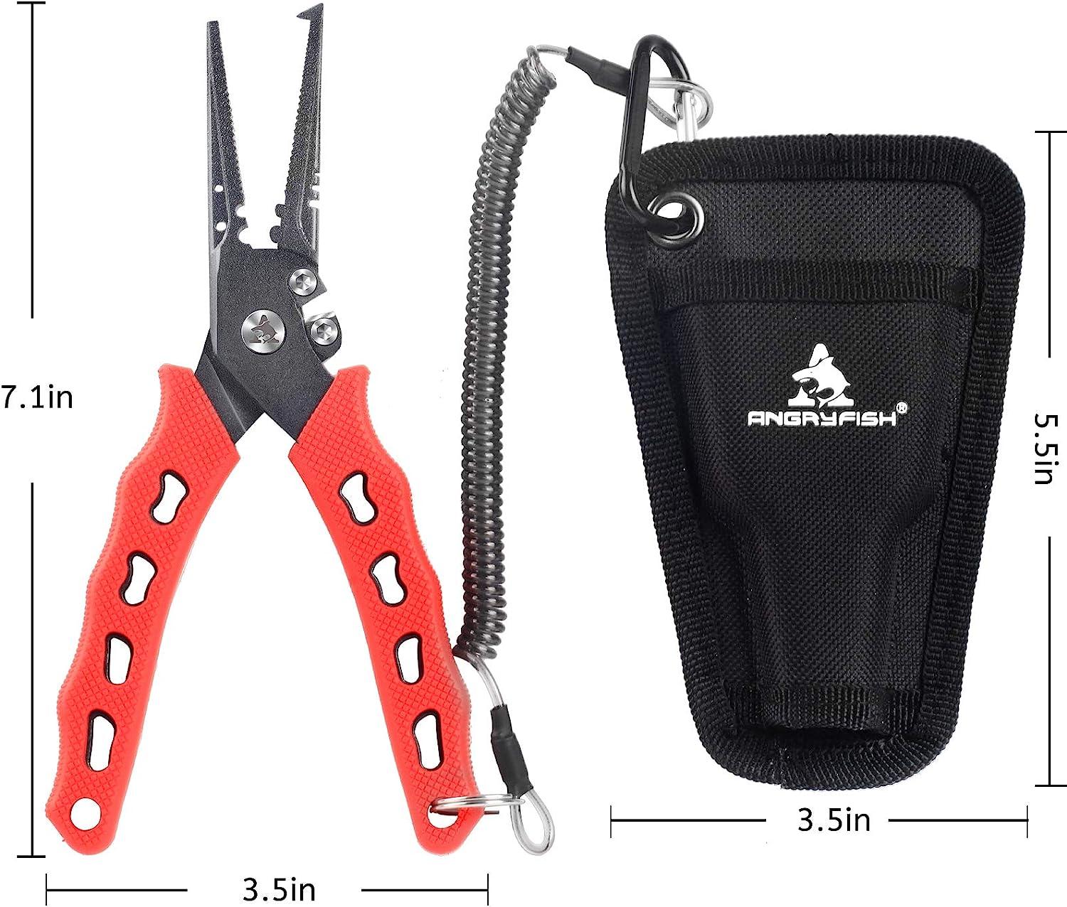 ANGRYFISH Fishing Pliers,Saltwater Resistant Hook Remover,Split Ring Pliers,Fisherman  Pliers with Sheath and Lanyard,Stainless Steel Fishing Tools,Corrosion  Resistant Teflon Coating(Black)