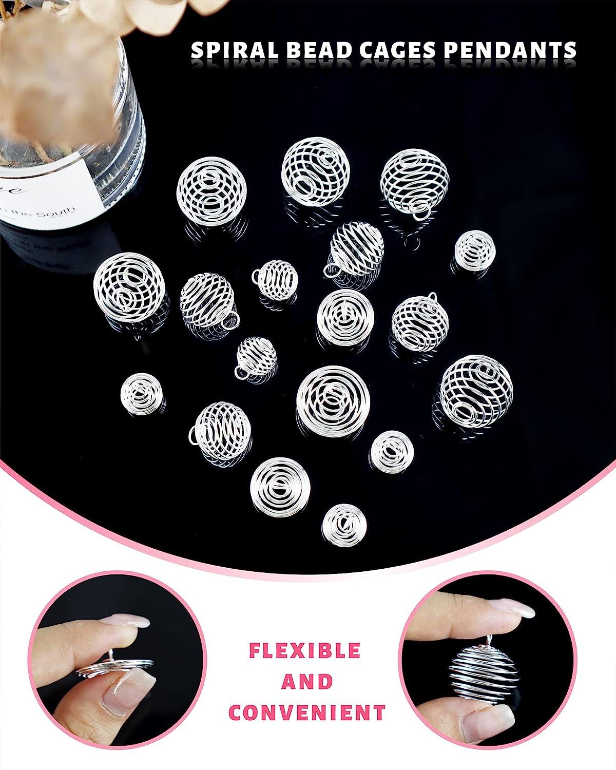 JIALEEY Spiral Bead Cages Pendants 30 PCs 3 Sizes Silver Plated Stone  Holder Necklace Cage Pendants Findings for Jewelry Making and Crafting
