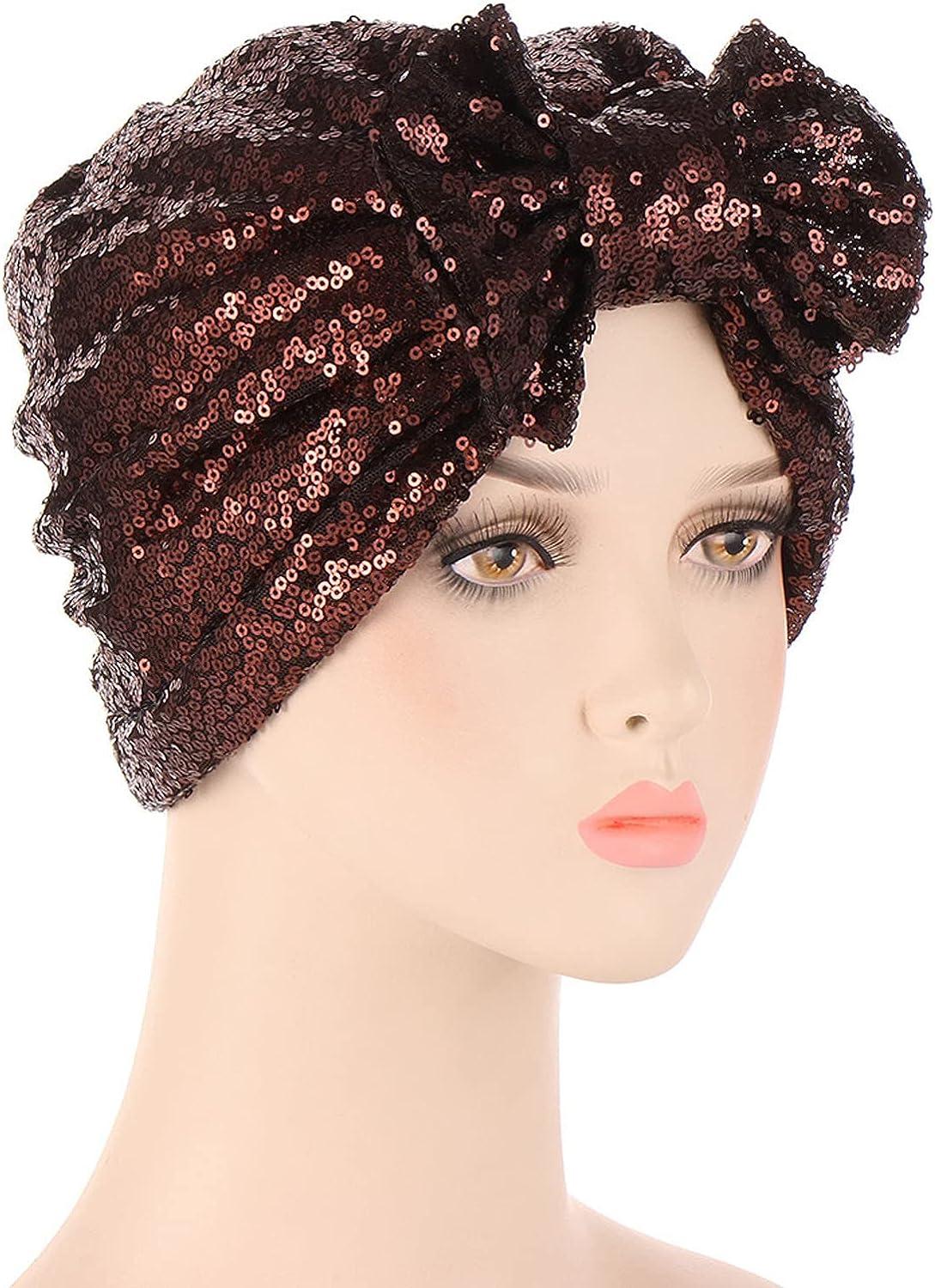 Beach Hats for Women Muslim Turban Hat Bow Sequins Hair Bonnet