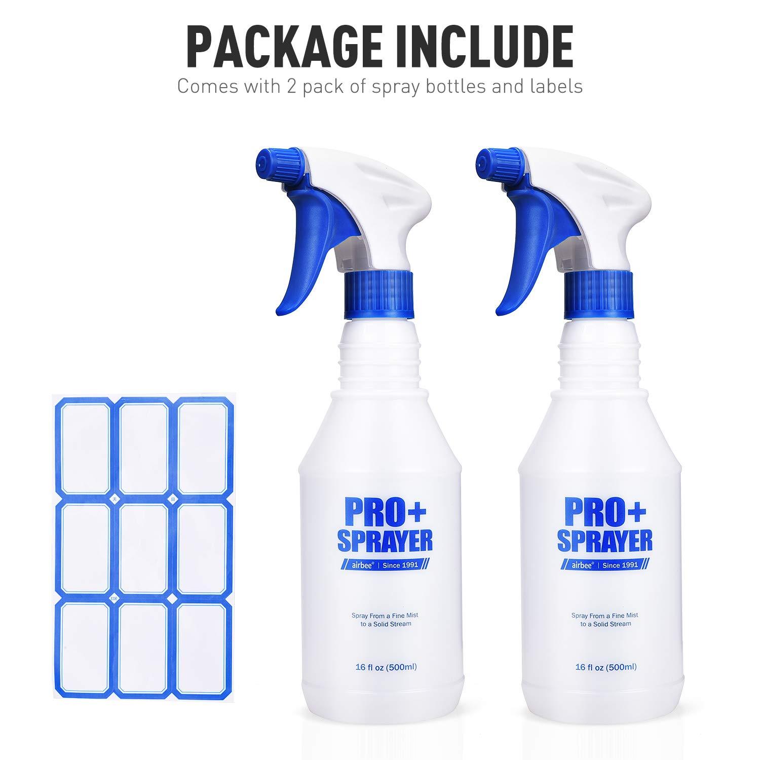 airbee Plastic Spray Bottles 2 Pack 16 Oz for Cleaning Solutions, Planting,  Pet, Bleach Spray, Vinegar, Professional Empty Spraying Bottle, Mist Water
