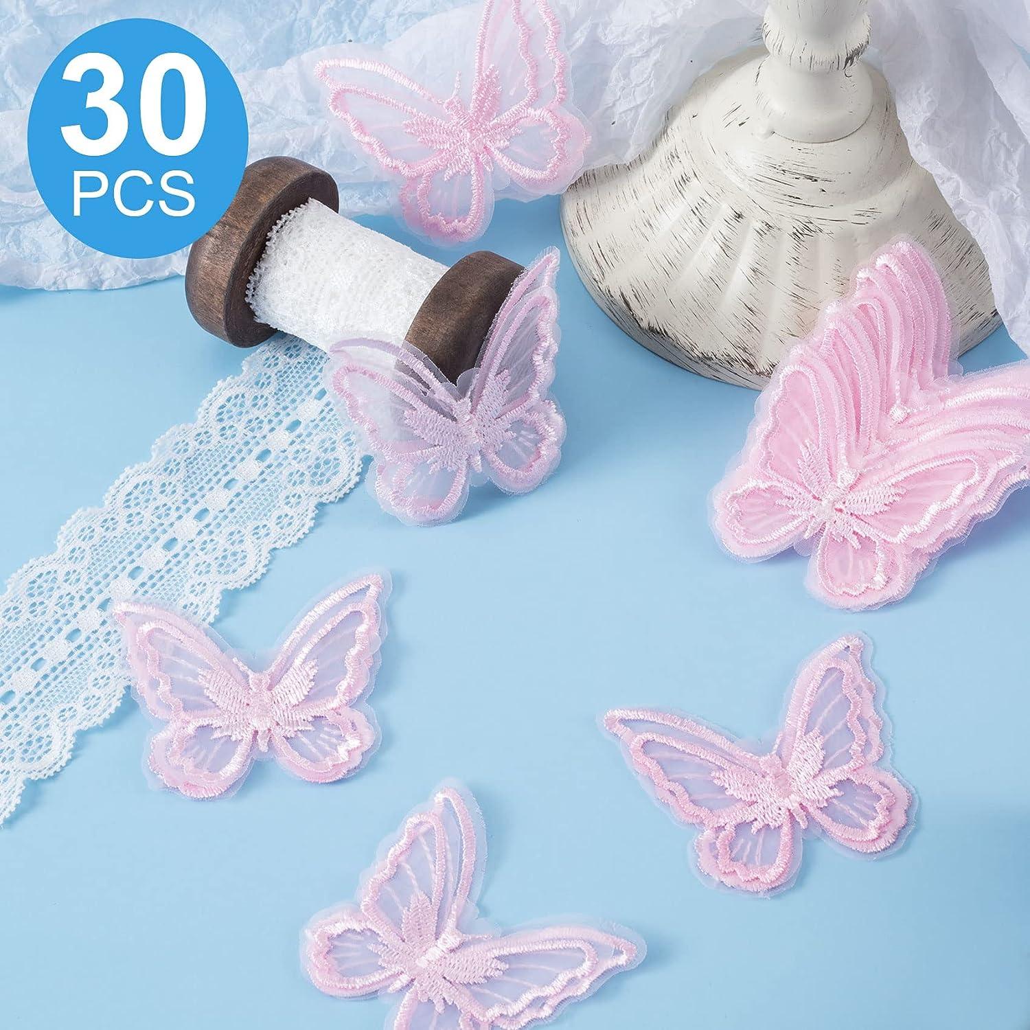  30 Pcs Pink Lace Butterfly Applique Embroidery,Organza