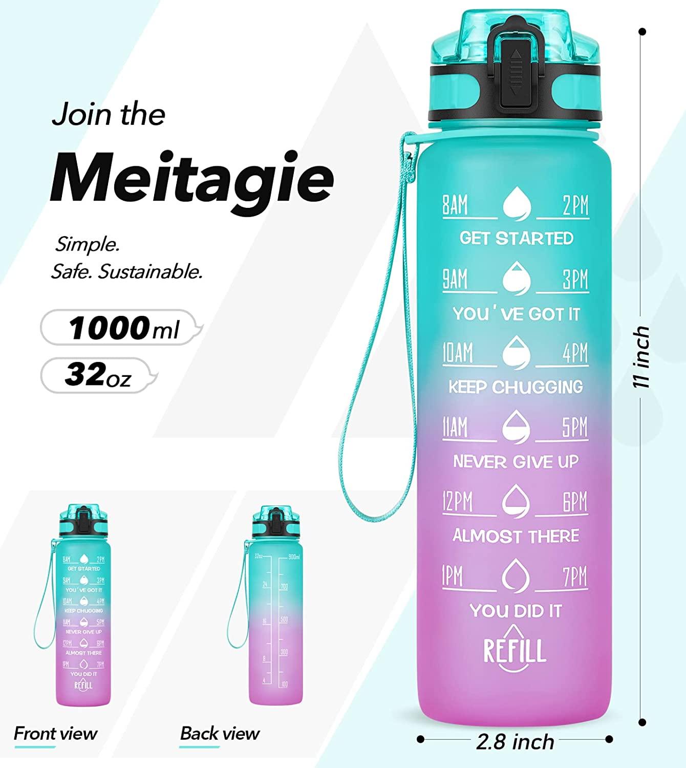MEITAGIE 32oz Motivational Water Bottle with Time Marker & Fruit Strainer,  Leak-proof BPA Free Non