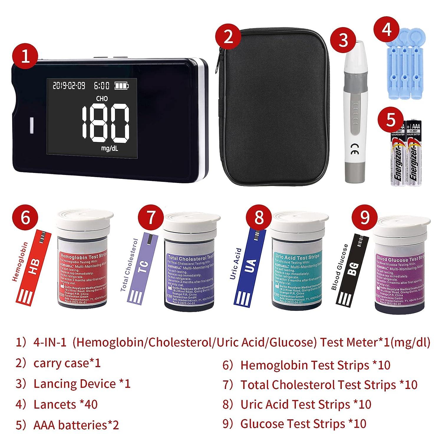 Accu-Answer 4 in 1 Hemoglobin Test Meter Kit Hemoglobin Tester Cholesterol Test  Kit Uric Acid Test Kit 40 Test Strips Total Included. No Code Need Accurate  and Fast