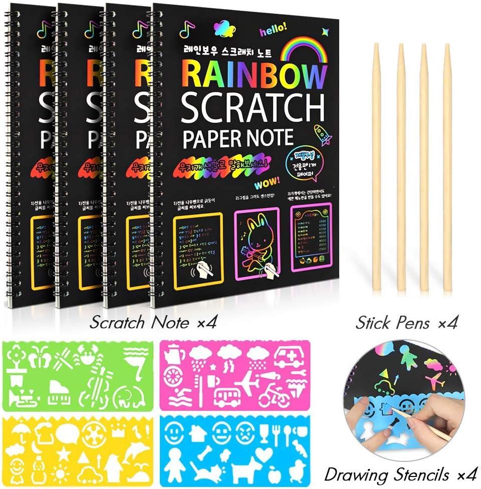 4 Pack Scratch Arts Drawing Notebook for Kids Drawing Pad Large Rainbow  Scratch Drawing Paper Set for Kids Art Supplies (with 4 Wooden Stylus & 4  Drawing Stencils