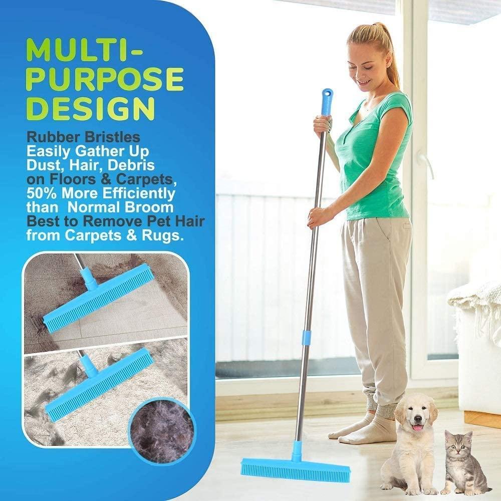 Rubber Broom With Squeegee Carpet Rake For Pet Hair Removal 54 Inches Long  Handl