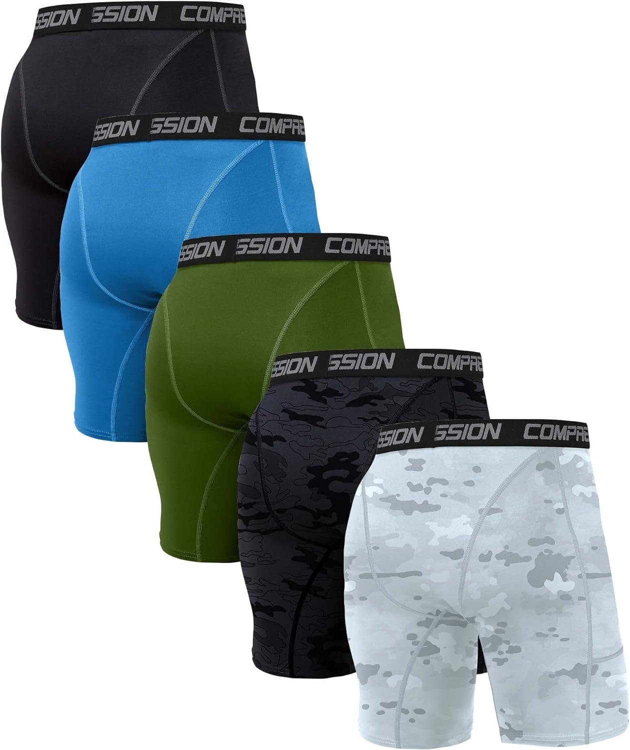 Holure Men's Performance Compression Shorts Athletic Running Underwear (3  or 4 or 5 Pack) 3 Pack:black/Navy/Camo White Large