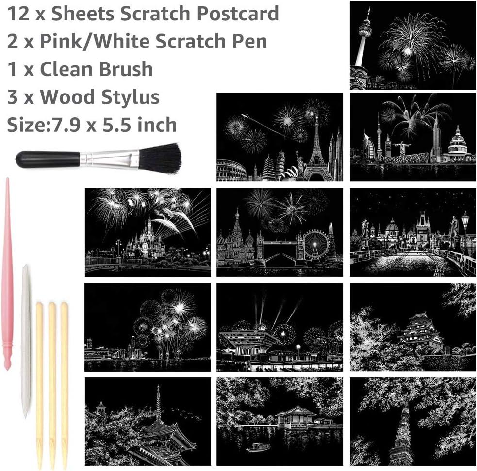 Magic Scratch Art Paper, Mini Envelope Postcard, Rainbow Night View  Scratchboard for Adults and Kids, Art & Crafts Set: 12 Sheets Scratch Cards  