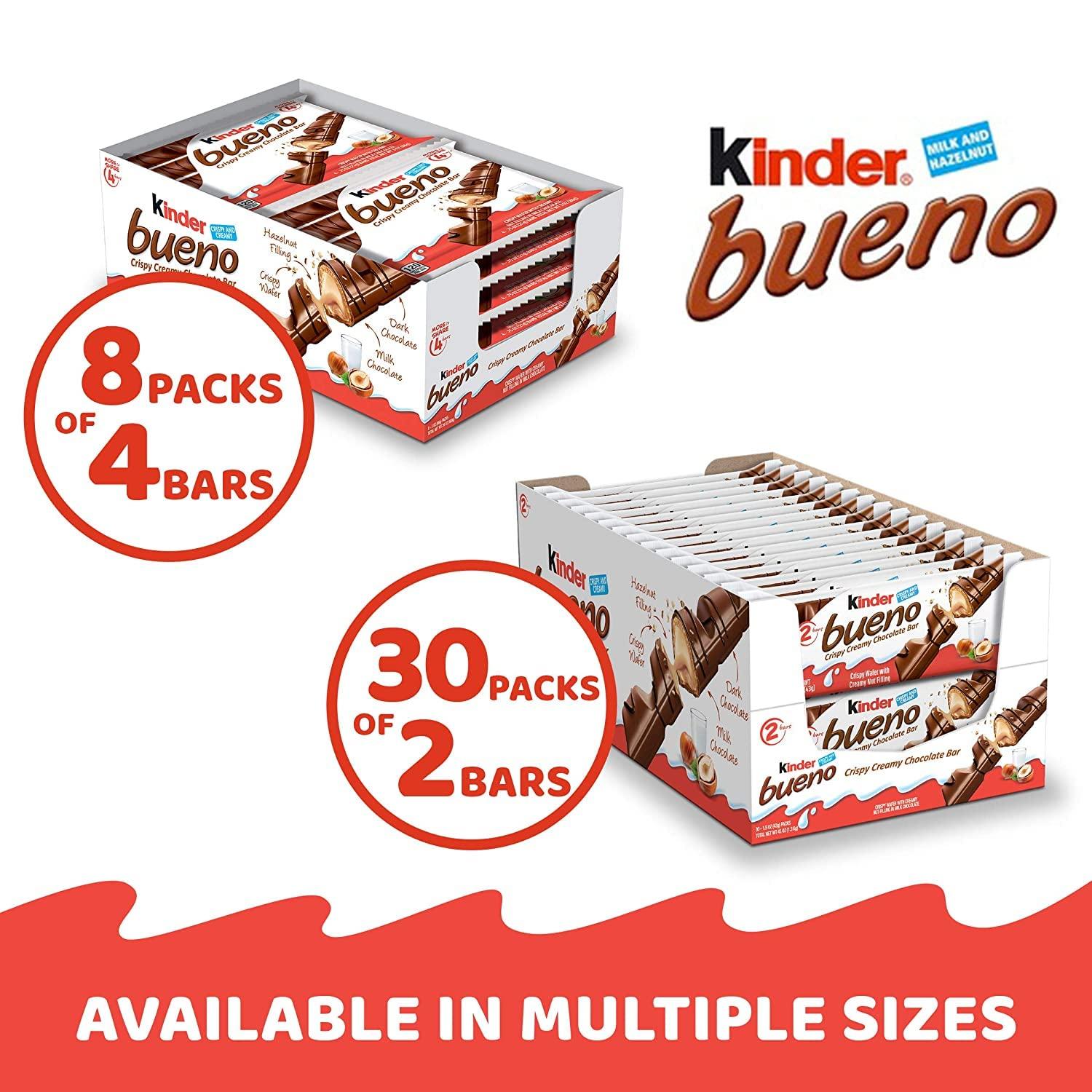 Kinder Bueno, 30 Two Count Packs, Milk Chocolate and Hazelnut Cream,  Valentine's Day Gift, Individually Wrapped Chocolate Bars, 45 oz
