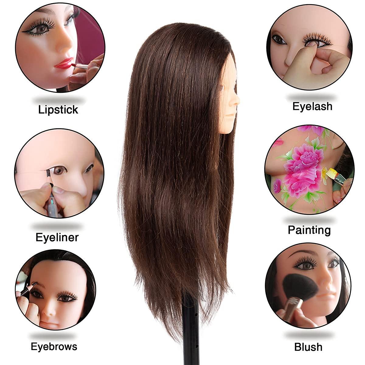 100% Mannequin Head Human Hair,18 Inch Dark Brown Mannequin Head with  Stand,Real
