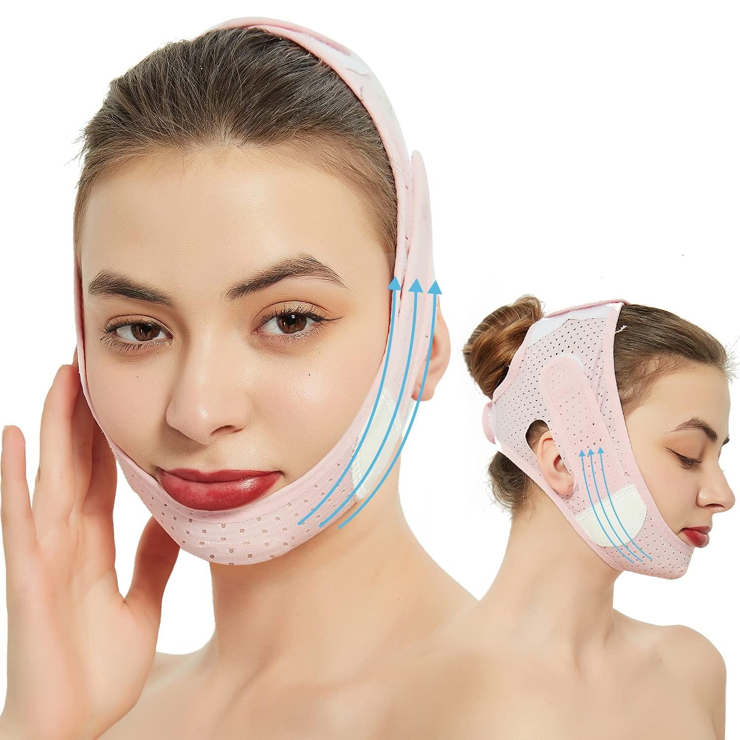 Double Chin Reducer Face Slimming Strap V Line Lifting Face-belt Chin Strap  For Women and Men Tightening Skin Preventing Sagging Pink