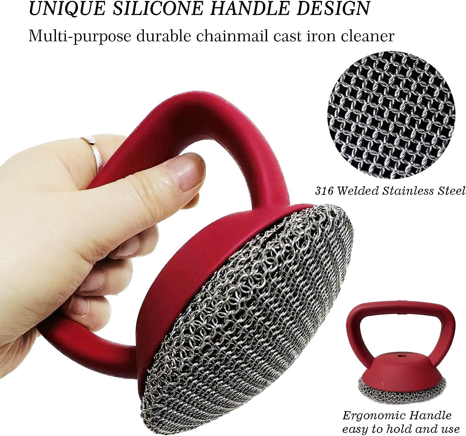 Cast Iron Scrubber with Handle, Chain Mail Scrubber Cast Iron