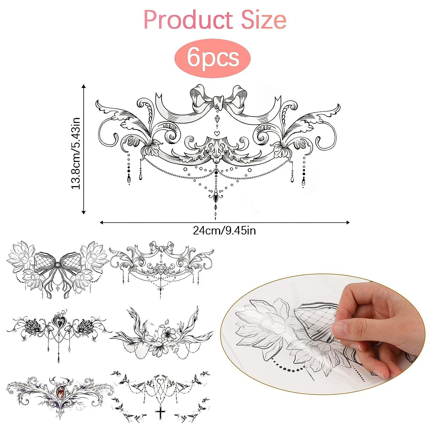 6 Sheets Temporary Tattoos for Women Girls Waterproof Rose Flower Fake  Tattoos Sexy Underboob Tattoos Black Jewelry Bowknot Long Lasting Large  Tattoos Stickers on Chest Waist Waterproof Body Art