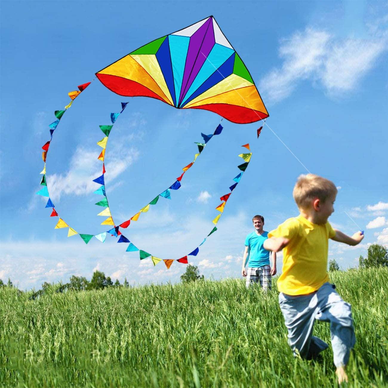 HONBO Large Delta Kite for Kids & Adults,Extremely Easy to Fly Kite for  Beach Trip,String Line Included,with Colorful Colors Tail ,Perfect for  Beginners