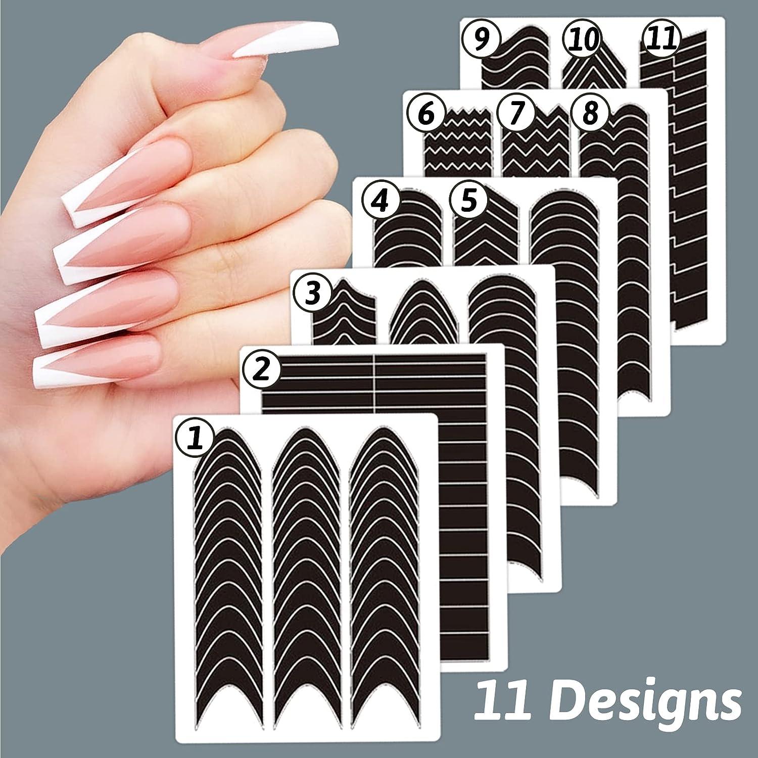 1422 Pcs French Tip Nail Guides Self-Adhesive French Moon Shaped V-Shaped  Manicure Strip Stickers for Edge Auxiliary Black DIY Decoration Stencil  Tools(11 Designs 36 Sheets) French Manicure 36 Sheets