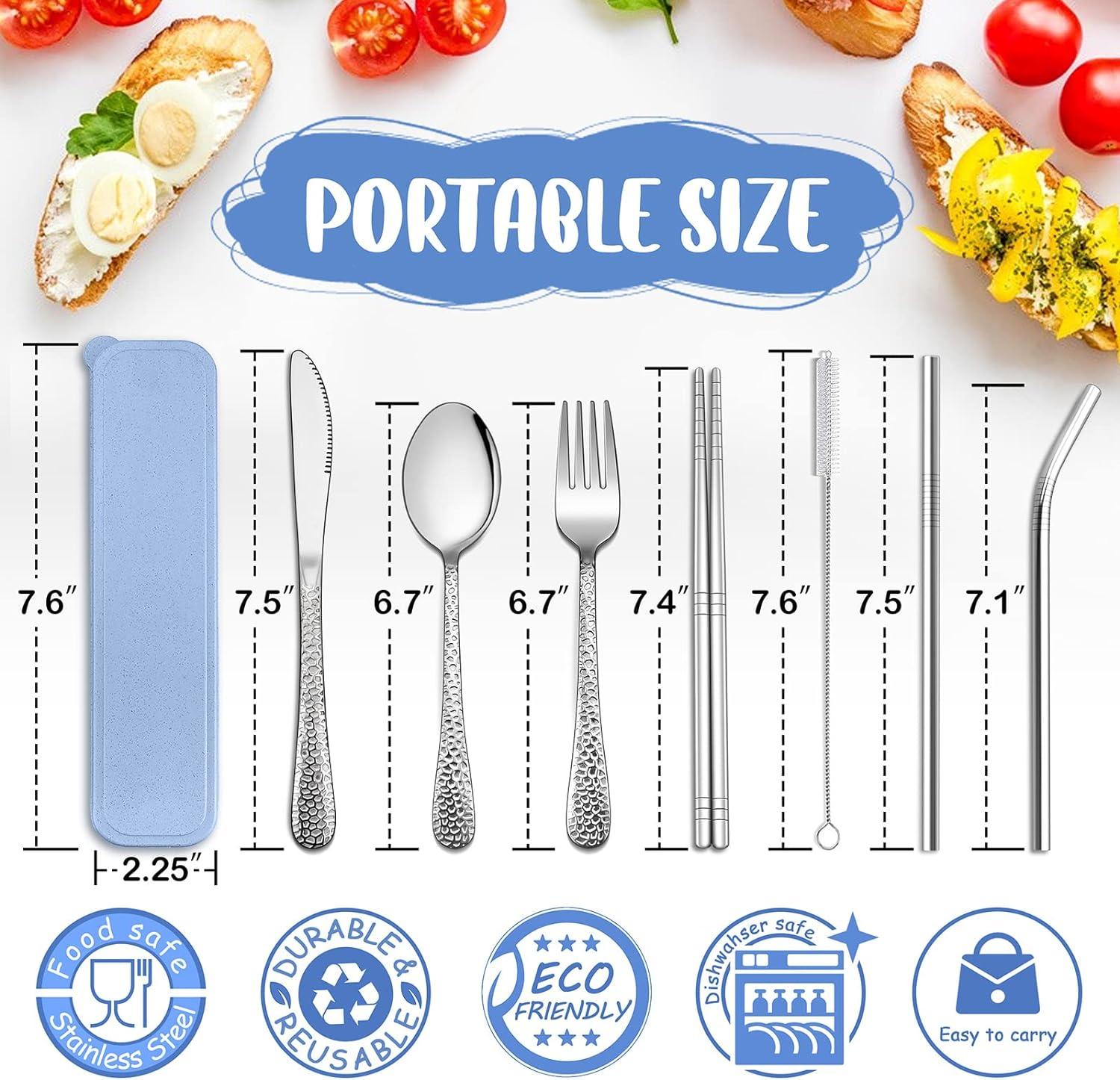 Travel Portable Utensils Set E-far 9-Piece Small Reusable Silverware Set  with Case Metal Hammered Camping Cutlery Flatware Set Includes Fork Spoon  Knife Chopsticks Straws - Blue Blue 9