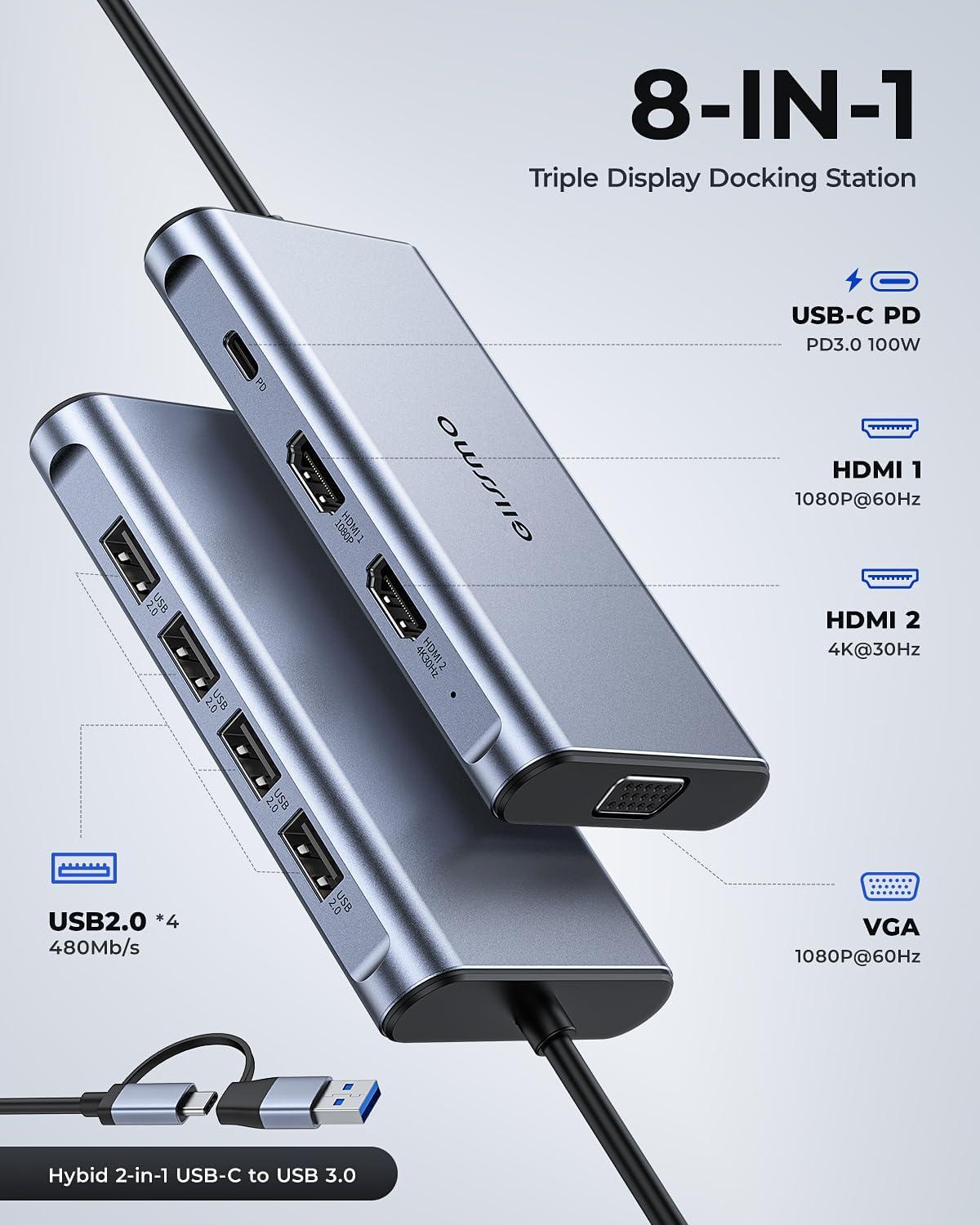 USB Docking Station GIISSMO USB C Hub USB 3.0 to Dual HDMI VGA