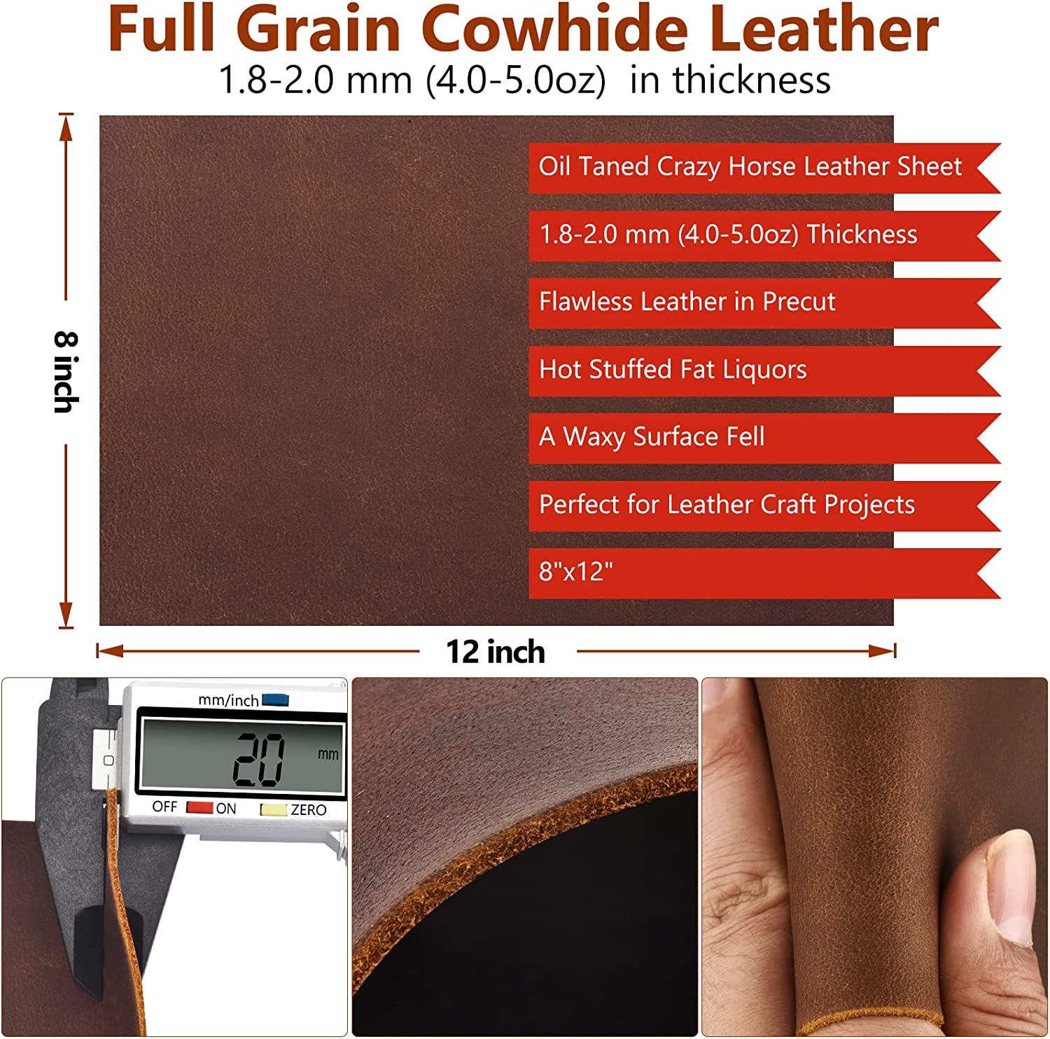 Tooling Leather Square 1.8-2.0MM Thick Genuine Top Full Grain Oil Tan Crazy  Horse Cowhide Leather Sheets for Crafts Tooling Sewing Wallet Earring Hobby  