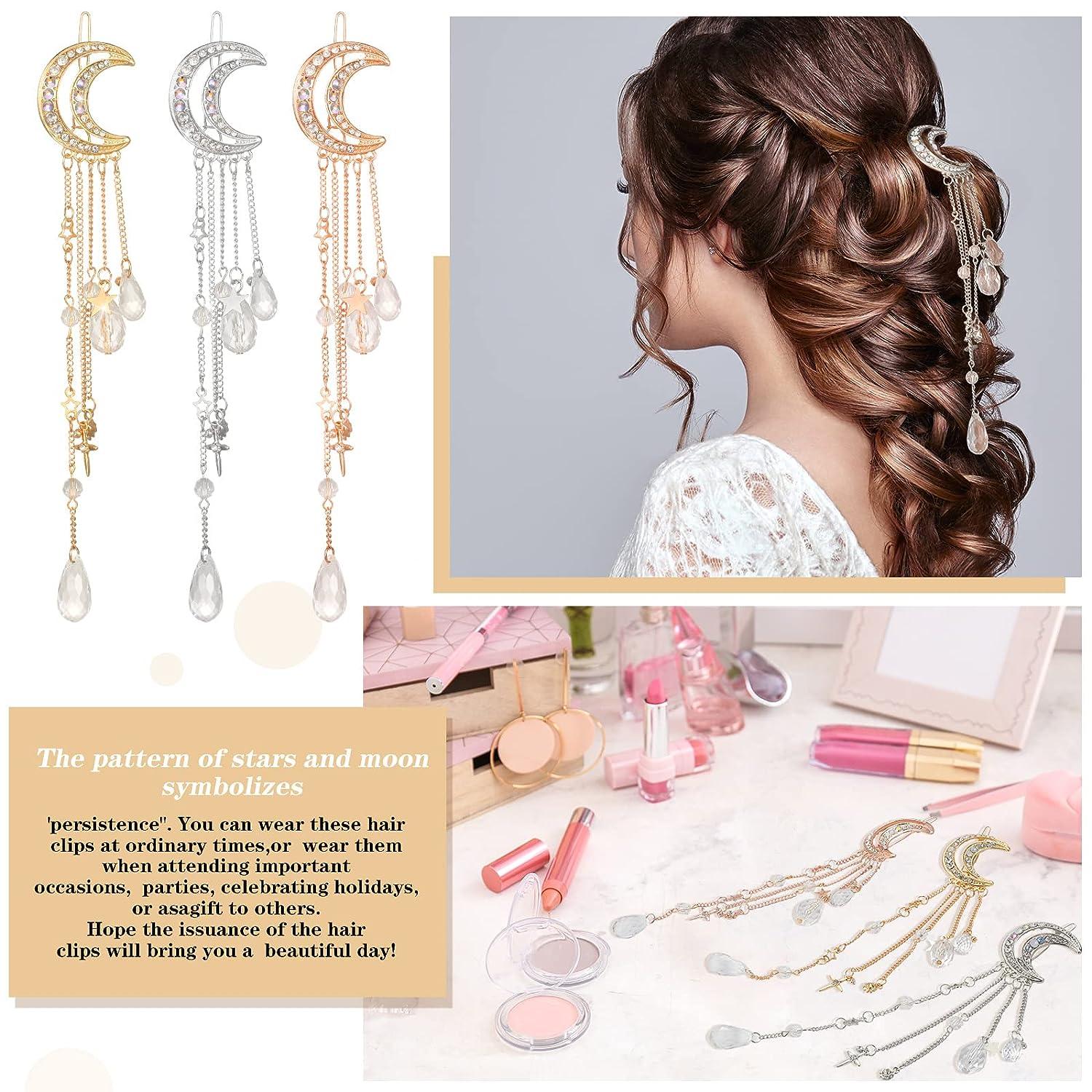6 Pcs Moon Crystal Rhinestone Beads Dangle Hairpin Moon Hair