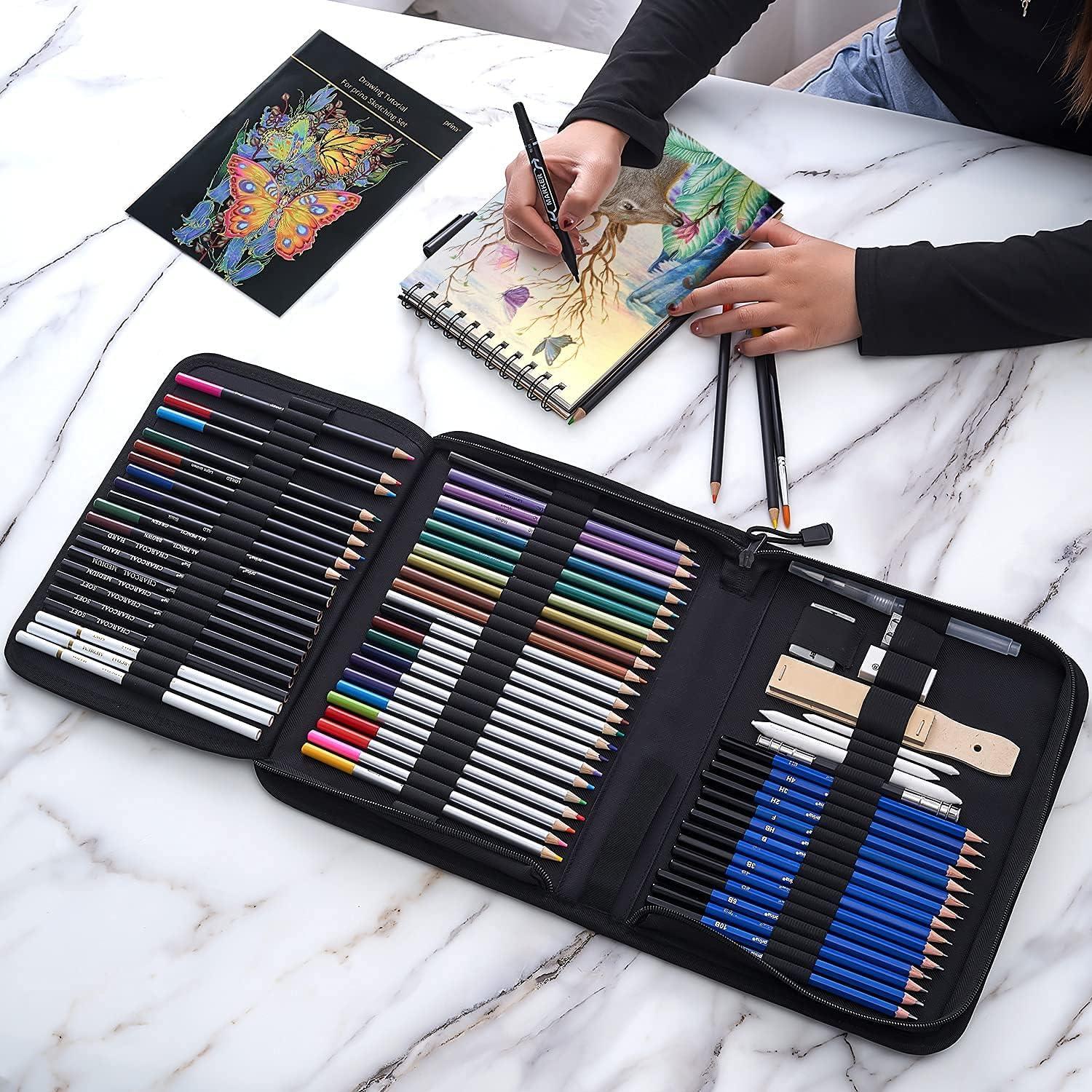 Prina 76 Pack Drawing Set Sketching Kit, Pro Art Sketch Supplies with 3- Color Sketchbook, Include Tutorial, Colored, Graphite, Charcoal, Watercolor  & Metallic Pencil, for Artists Adults Teens Beginner