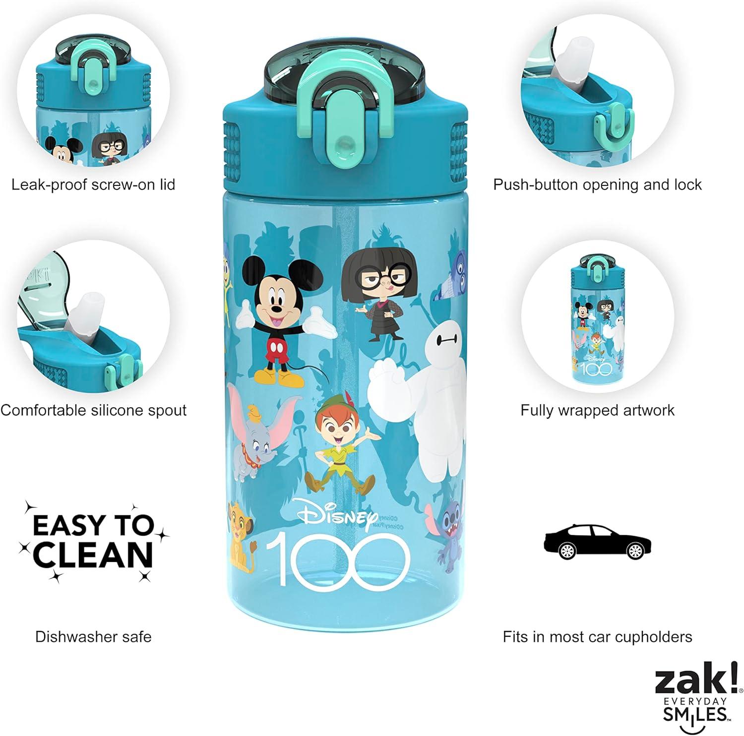 Zak Designs Disney100 Kids Water Bottle For School or Travel 16oz 2-Pack  Durable Plastic Water Bottle With Straw Handle and Leak-Proof Pop-Up Spout  Cover (Disney and Pixar)