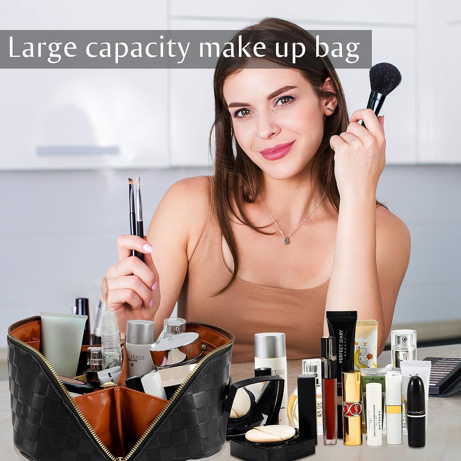  Travel Makeup Bag, Large Capacity Cosmetic Bag, Portable Makeup  Bags for Women, PU Leather Waterproof Checkered Makeup Bag with Dividers  and Handle, Toiletry Bag for Women, Travel Essentials, Black : Beauty