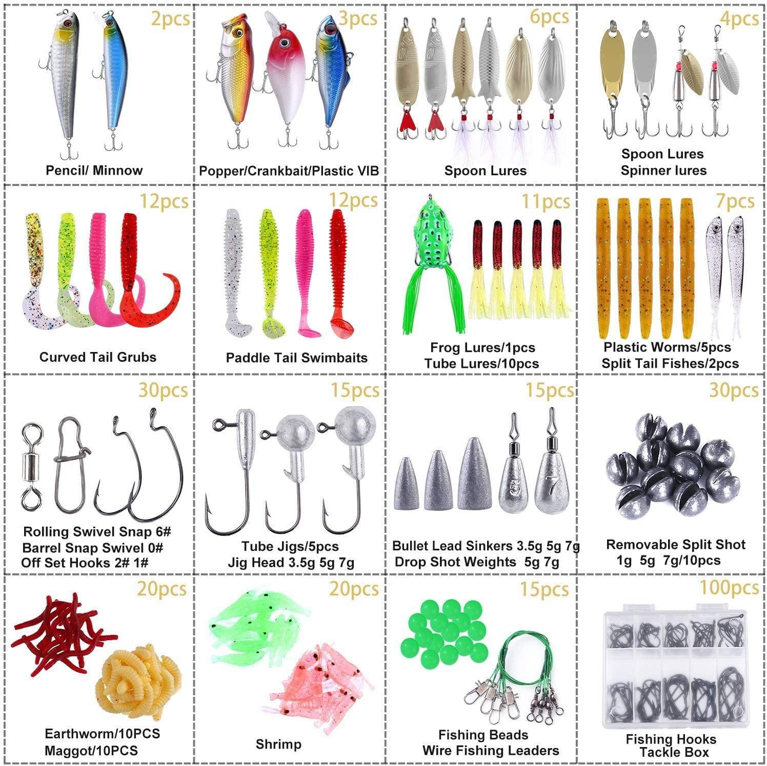 PLUSINNO Fishing Lures Baits Tackle Including Crankbaits, Spinnerbaits, Plastic  Worms, Jigs, Topwater Lures , Tackle Box and More Fishing Gear Lures Kit Set,  102/67/27Pcs Fishing Lure Tackle 302Pcs Fishing Lures Kit