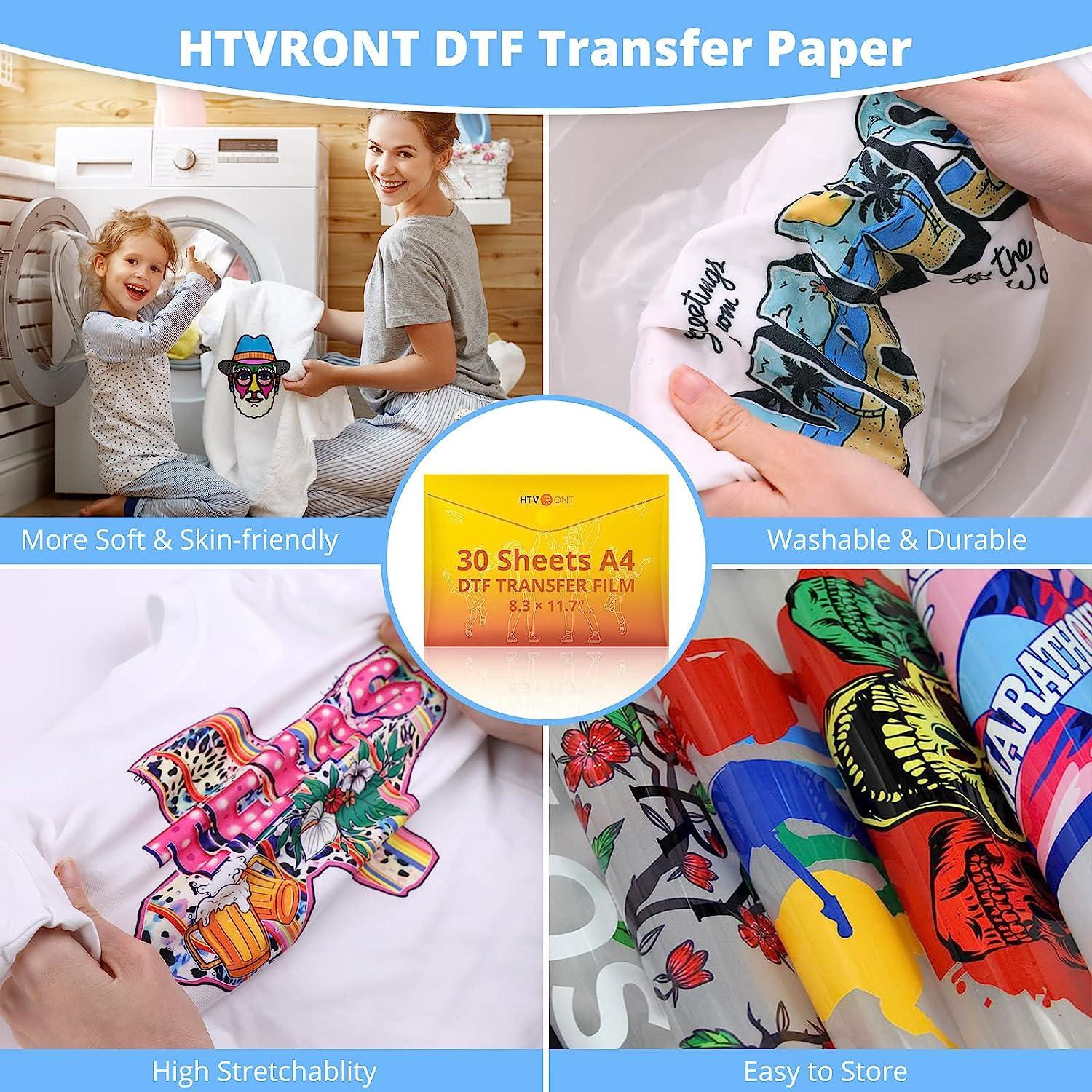 HTVRONT DTF Transfer Film for Sublimation - 30 Sheets of A4 (8.3×11.7) DTF  Paper for Inkjet Printers, Direct to Film Transfer Paper for Cotton T