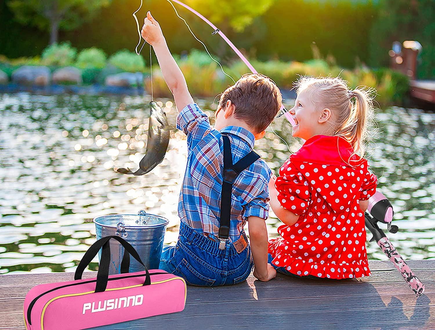 (Pink) Kids Fishing Rod And Reel Combo EVA Handle Kids Fishing Rod Reel