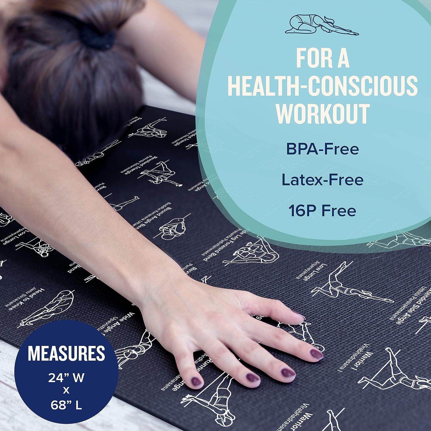 NewMe Fitness Yoga Mat for Women and Men - Large, 5mm Thick, 68 Inch Long,  Non Slip Exercise Mats w/ 70 Printed Yoga Poses for Pilates, Workout and  Stretching - Home and Gym Essentials Black