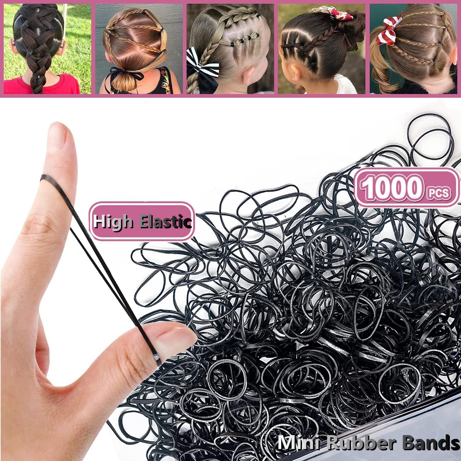 AIBEE Mini Rubber Bands, 1000pcs Small Black Elastic Hair Bands Hair Ties  with 2pcs Rat Tail