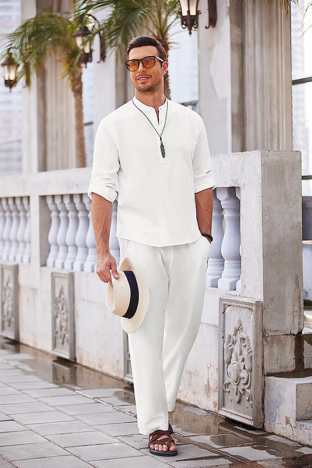 COOFANDY Mens Cotton Linen Shirt Long Sleeve Button Down Shirt Band Collar  Beach Yoga Shirts