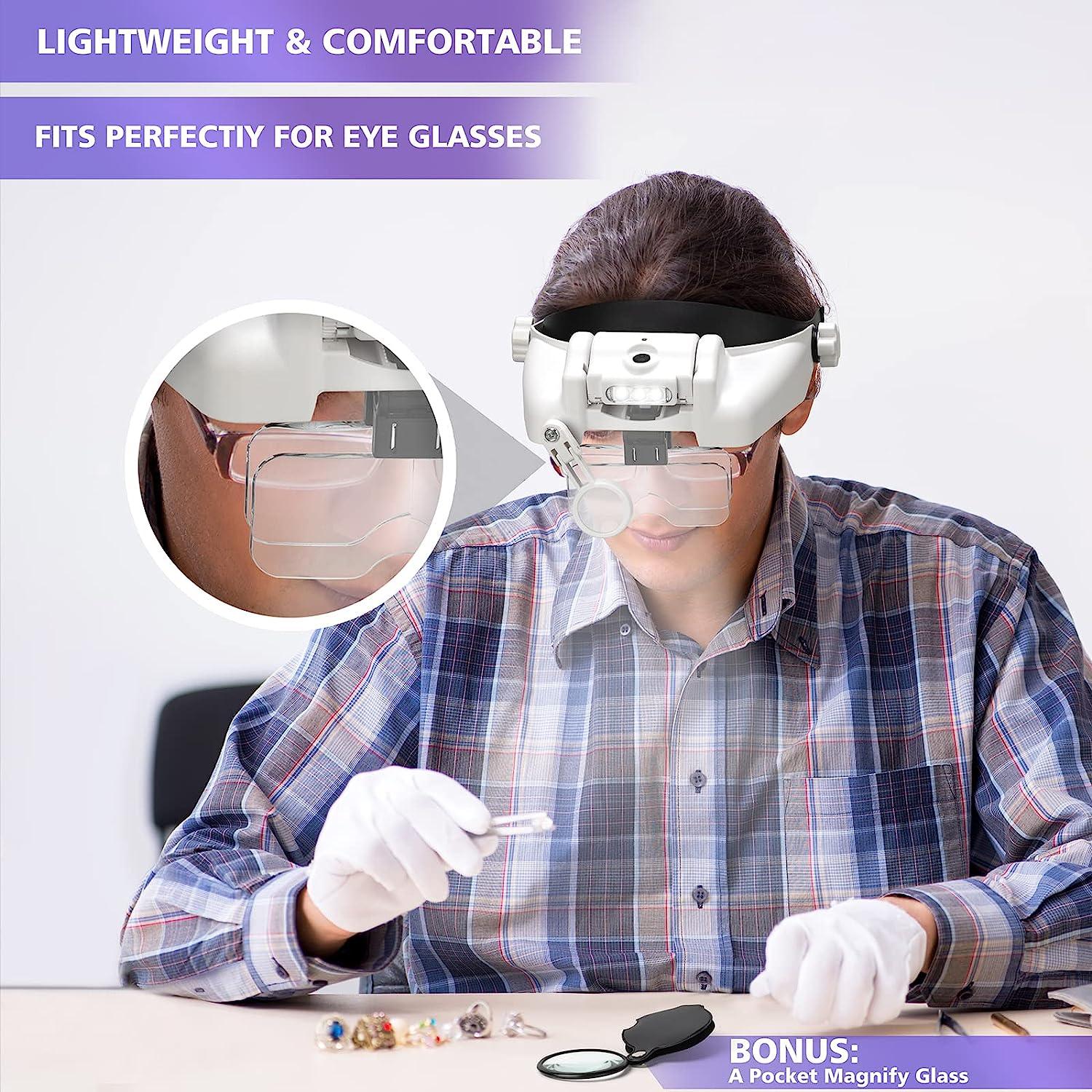Vision Aid Magnifying Glasses with Light for Close Work, Illuminated Hands  Free Headband Magnifier Goggles with Storage Case for Hobby Painting  Reading Coin Watch Bead Jewelry